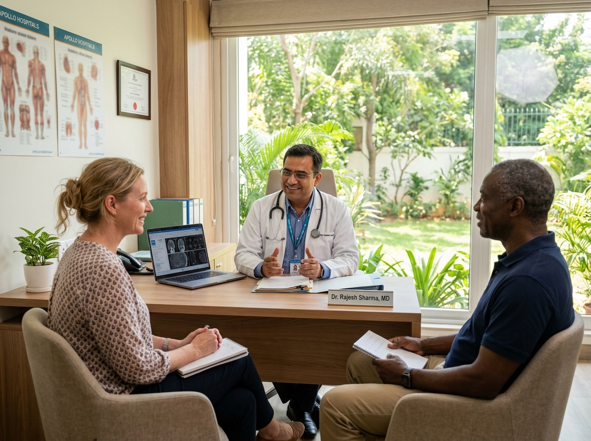 International patient consulting with an Indian specialist doctor in a modern accredited hospital